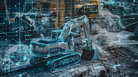 This image depicts a futuristic construction site where autonomous bulldozers and excavators are hard at work,reshaping the landscape for the development of a smart city The scene showcases the ofの素材