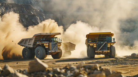 Two large autonomous dump trucks and loaders are working in an active quarry,kicking up clouds of dust as they transport and move materials under the summer sun The heavy machinery is operatingの素材