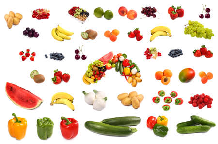Set of different bright tasty fruits isolated on whiteの写真素材