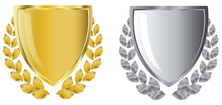 golden and silver shields with laurel wreathの写真素材