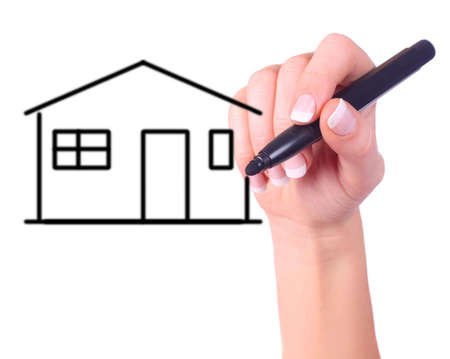 hand drawing a house on clear white backgroundの写真素材