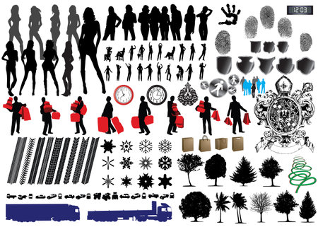 Silhouette of girls and collection of Vector Fingerprints, Footprints and moreのイラスト素材