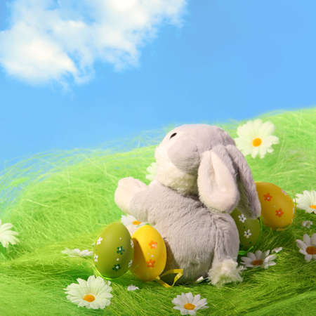 Easter Eggs and rabbit sitting on grass field with blue sky background