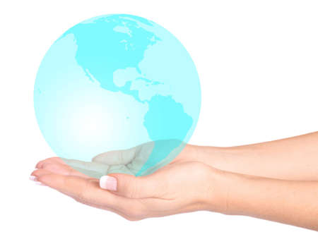 Emeraldthe world is in your hands over white backgroundの写真素材