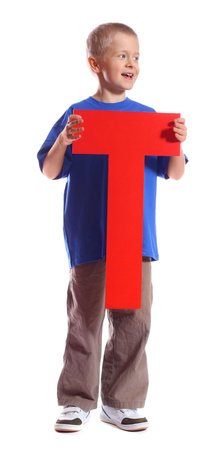 Boy holding Letterの写真素材