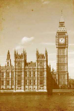 Buildings of Parliament with Big Ben tower in London UK - vintage paper textures. の写真素材