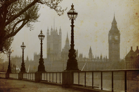 Big Ben , Houses of Parliament, view in fog 