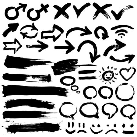 A collection of black grungy abstract hand-painted brush and  stroke arrows のイラスト素材