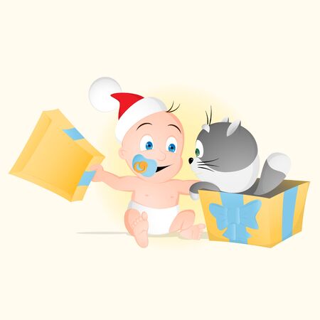 On Christmas or New Year day a Baby opens the box with kitten inside to get the best friends foreverのイラスト素材