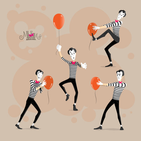 A Set of Mimes Performing Pantomimes with Balloons Called Hypnotizing, Moving, Sticking, Flyingのイラスト素材