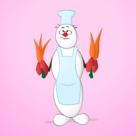 Snowman cook dressed in apron and cap and holding carrots in his handsのイラスト素材