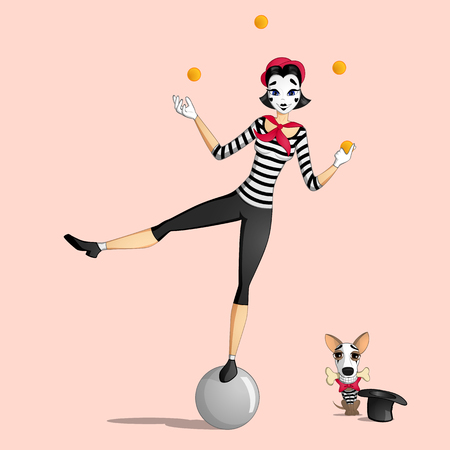 A girl mime performing a pantomime called juggling on the ball and a dog with a bone in its mouthのイラスト素材