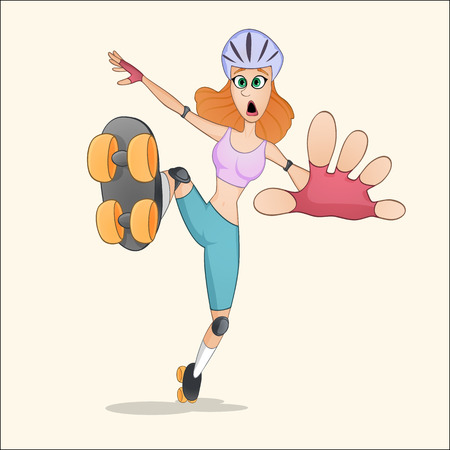 Red haired roller skating girl in helmet about to fall drawn in cartoon styleのイラスト素材