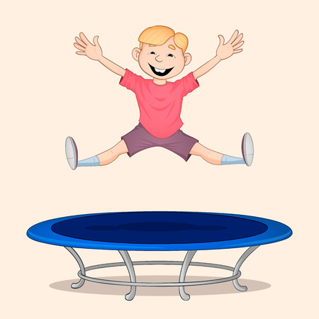 Blond haired boy in red shirt jumping high on blue trampoline and smilingのイラスト素材