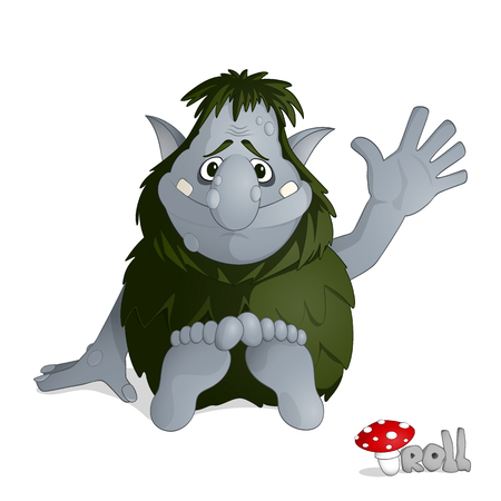 Small kind forest troll of gray from norvegian folklore dressed in leaves sitting and greeting drawn in cartoon styleのイラスト素材