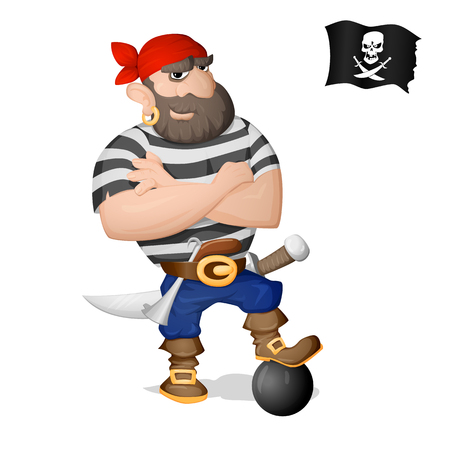 A pirate standing with a sword and a gun. Isolated from background. Drawn in the cartoon styleのイラスト素材
