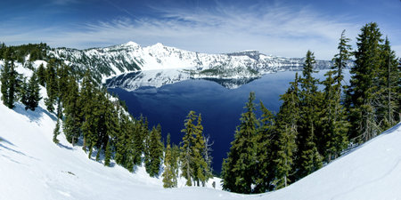 Crater Lake and Wizard Island. Crater Lake National Park, Oregon.の写真素材