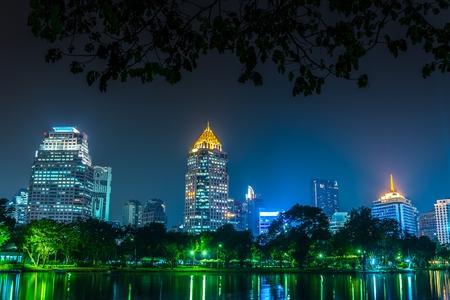 Lumphini park Bangkok downtown city at night, Thailandの写真素材