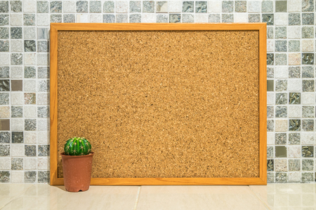 Cactus pot and empty corkboard backgroundの写真素材