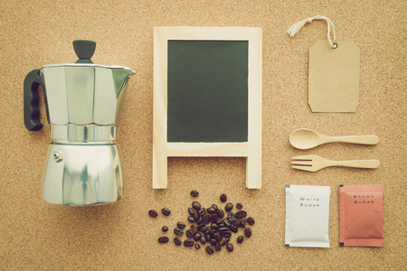 Above view of coffee setup - Retro filter effectの写真素材