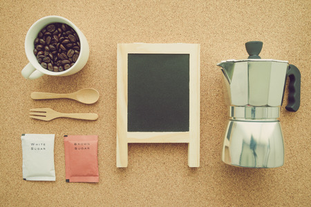 Above view of coffee setup - Retro filter effectの写真素材