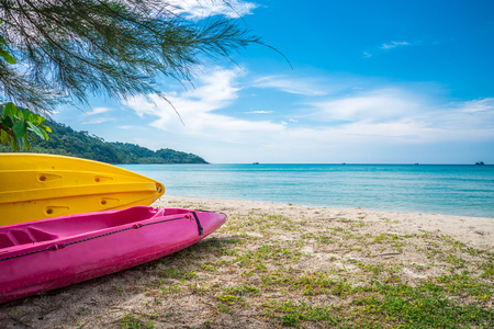 Kayak boat on beautiful tropical island beach - Koh Kood, Trat Thailandの写真素材