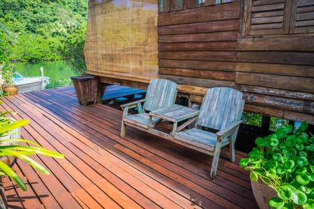 Outdoor old wooden Bench - Selective focusの写真素材
