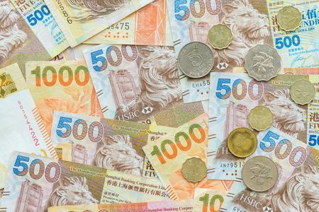 Hong Kong currency banknotes and coinsの写真素材