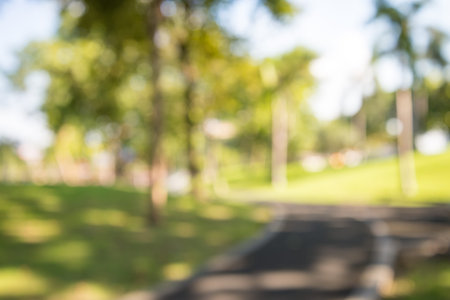 Abstract blur city park bokeh background with warm sunlightの写真素材