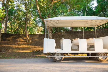 White tourism tram in evening light - Selective focusの写真素材