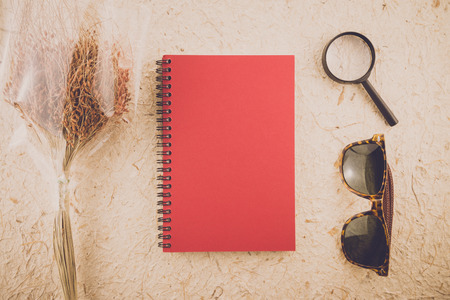 Identity nature set of red notebook mockup on mulberry paper background - Vintage filter effectの写真素材