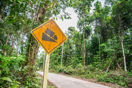 Old warning steep road sign slope and truck on forest hillの写真素材