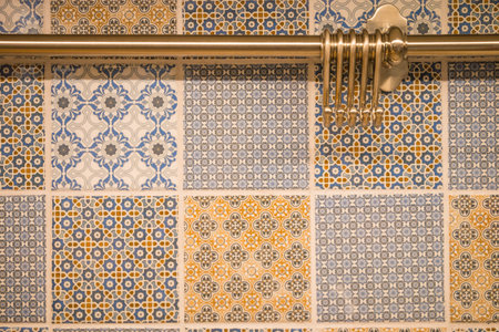 Beautiful pattern ceramic tiles and hanger in warm lighting kitchen