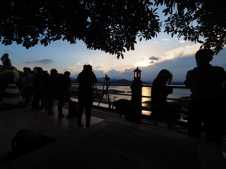 sunset in evening at damの写真素材