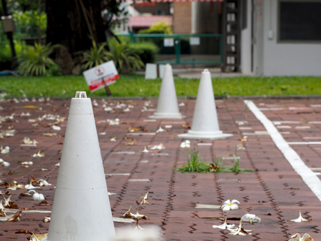 wet white plastic cone road after rain under treeのeditorial素材