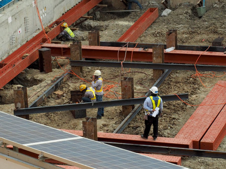 team of worker in a construction area work with steel  structure