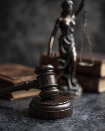Gavel, book and figure show justice is blind and fair, promoting trust in law and order in societyの素材