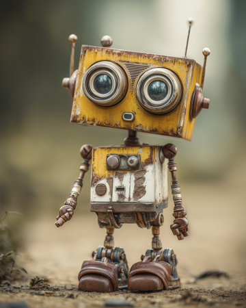 Cute robot made of metal looks surprised while standing outside in nature, its weathered body revealing its charming designの素材