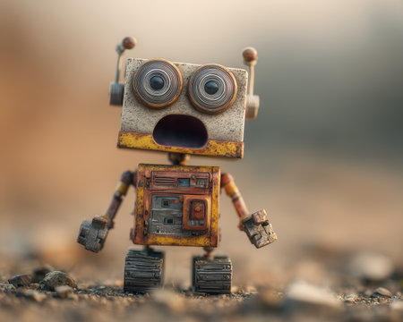 Cute robot, made of old parts, with big eyes expressing surprise and shock. How adorableの素材