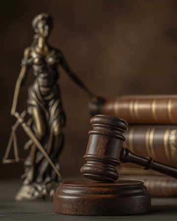 Justice concept with wooden gavel on table, books and bronze figure, creating somber and serious atmosphereの素材