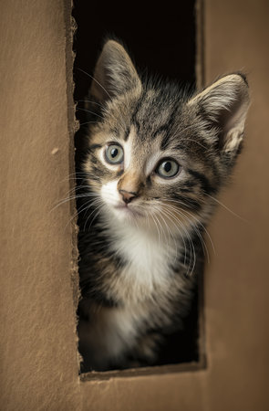 Cute kitten peeks out from cardboard box with curious eyes and soft fur, creating adorable and playful scene full of innocence and wonderの素材