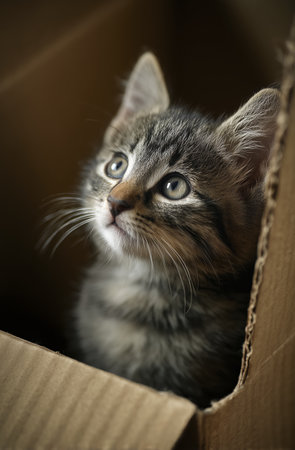 Cute kitten sits in cardboard box, looking out with curious eyes and gentle expression, capturing innocence and playful curiosityの素材