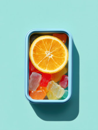 Light blue rectangular container filled with colorful gummy bears and slice of orange on pastel background. vibrant colors create cheerful and playful moodの素材