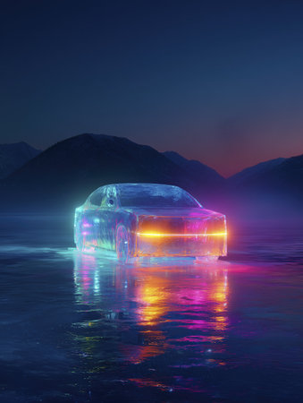 Transparent car made of ice floats, looking striking with its neon light reflecting, futuristic and conceptualの素材