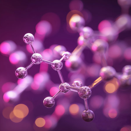 Molecular structure seems stable, it represents science and technology with shiny materials in details with purple colorの素材