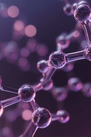Molecule structure is displayed with captivating and mesmerizing visual on purple background, creating curiosityの素材