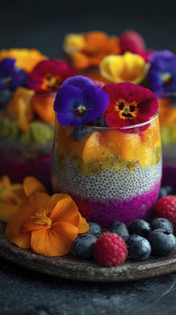 Colorful layered chia pudding with fresh berries and edible flowers, vibrant and appealing dessert with mix of textures and flavors, perfectの素材