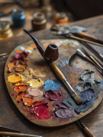 Wooden artist palette with vibrant oil paints and smoking pipe resting it, surrounded by brushes and paint jars, creating artistic and cozyの素材