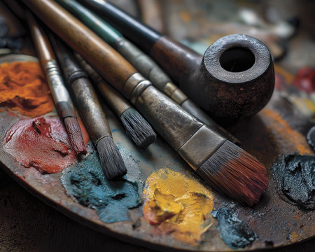 Close up of paintbrushes with colorful paint palette and rustic pipe shaped object, suggesting artist workspace with creative tools and vibrantの素材
