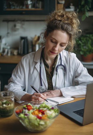Young woman writing meal plan in notebook, she looks pretty focused on making sure healthy eating planの素材